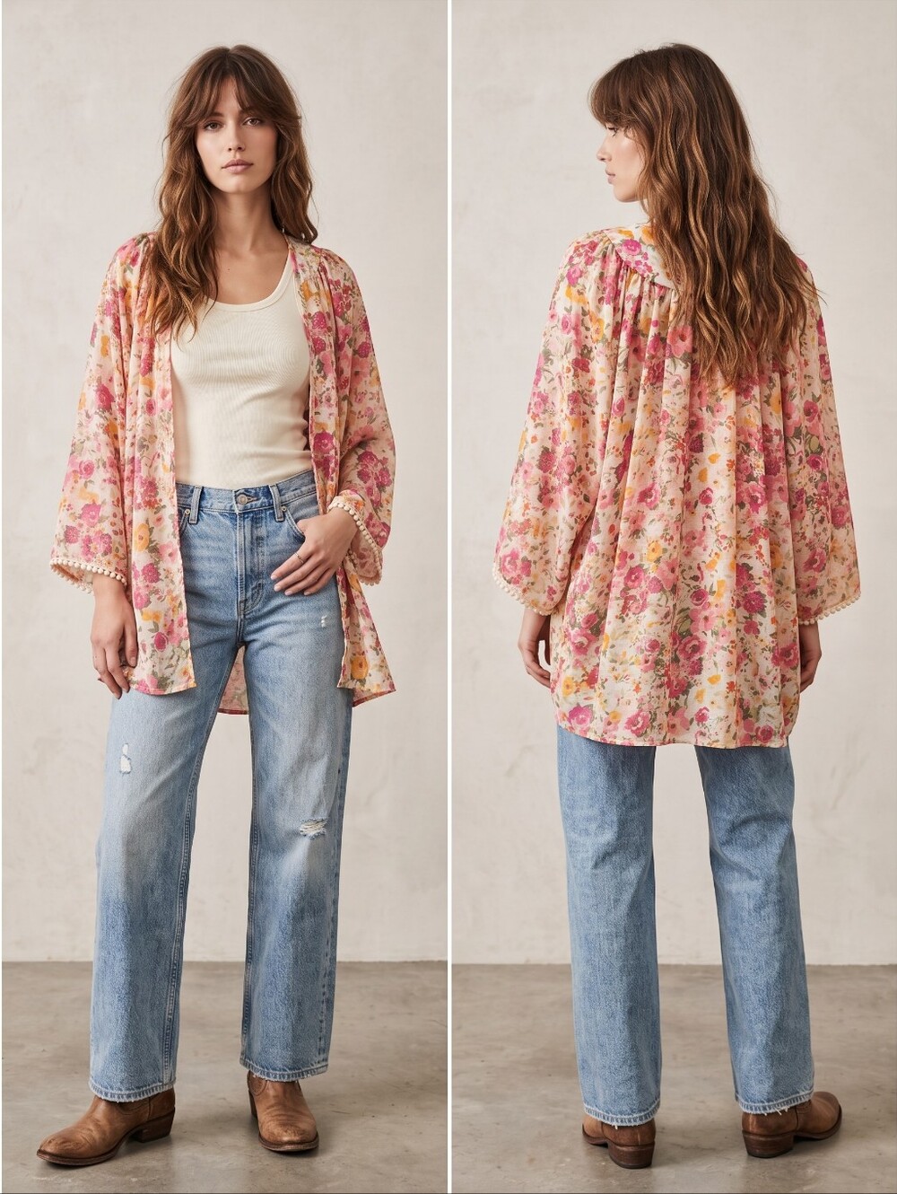 Tobi Floral Kimono Cardigan in Pink and Cream, 3/4 Sleeves, EUC, XL